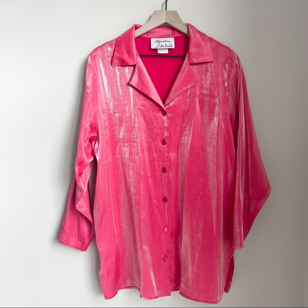 Vintage Metallic Pink Shiny Button Down Shirt Size 1X